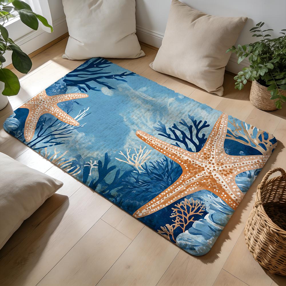 Blue Starfish Floor Mat Soft Flannel Absorbent Mat Non-Slip Rug Home Bedroom Bathroom