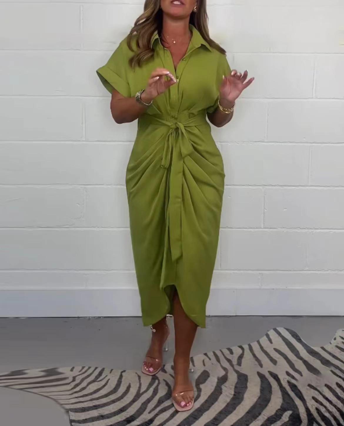 

2024 Европейское и американское однотонное женское элегантное платье с коротким рукавом XL оливковое зеленый