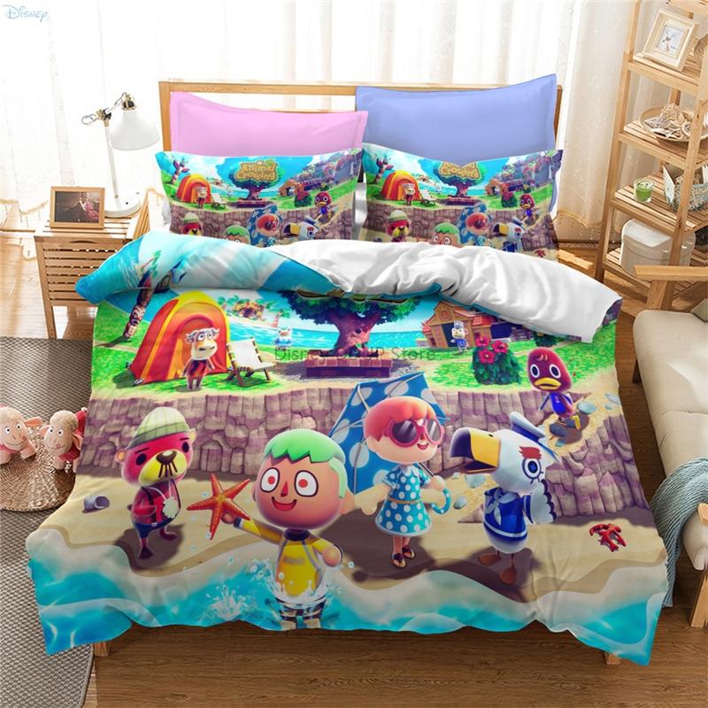 Animal Crossing Games Pattern Bedding Set Cartoon Print Duvet Cover Set with Pillowcase Twin Full Queen King Size Bedclothes