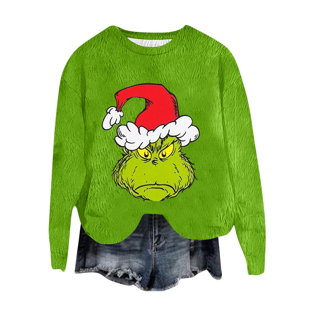 Women's Fashion Round Neck Pullover Top Long Sleeve Tee Christmas Printed Sweatshirt