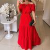 2025 European and American New Fashion Solid Lace-up Frill off-Shoulder Collar Puff sleeve Dress Short sleeve Women clothes