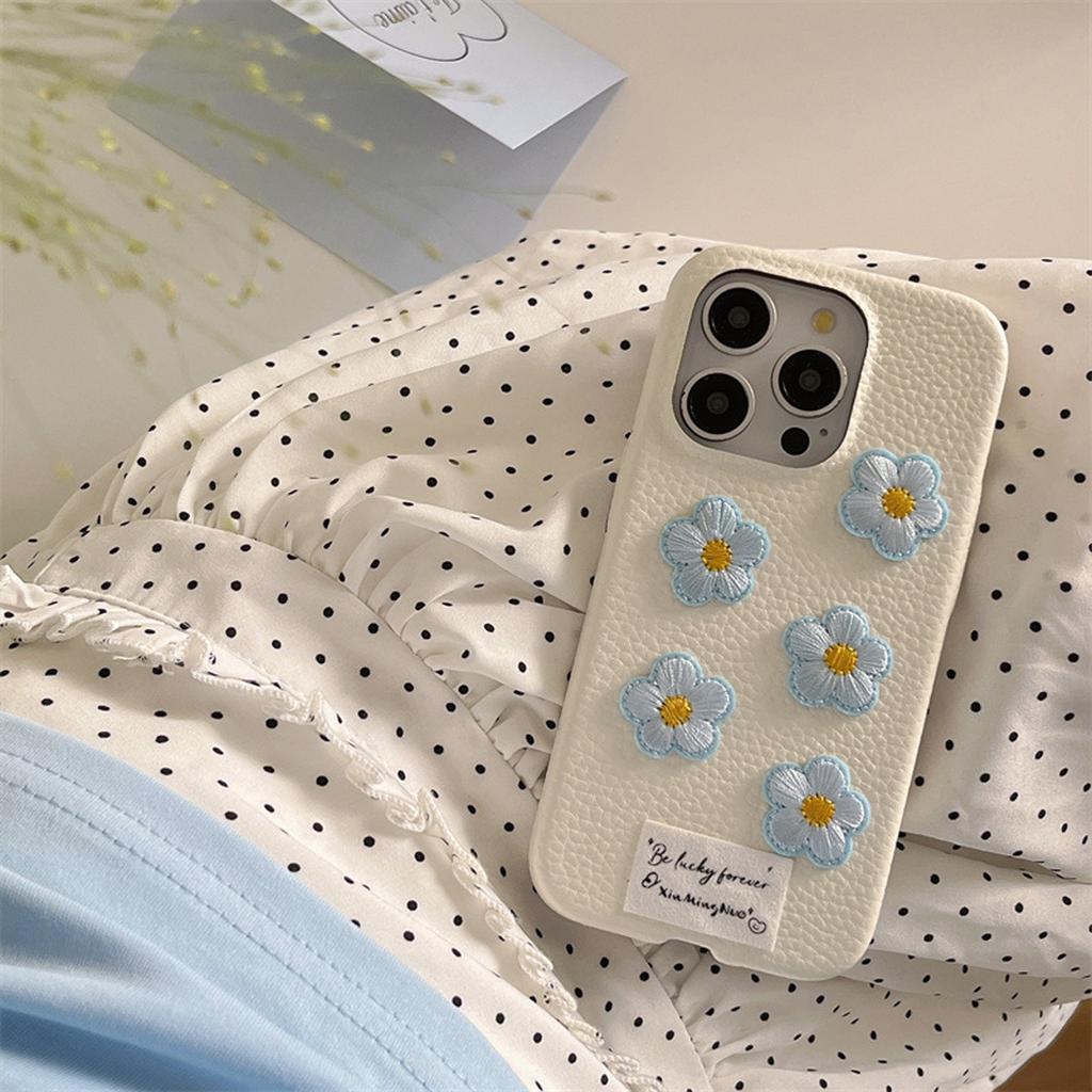 iPhone White Lychee Pattern Embroidered Flower Phone Case for Girls Phone Accessories for iPhone 11 12 13 14 15 Pro Max