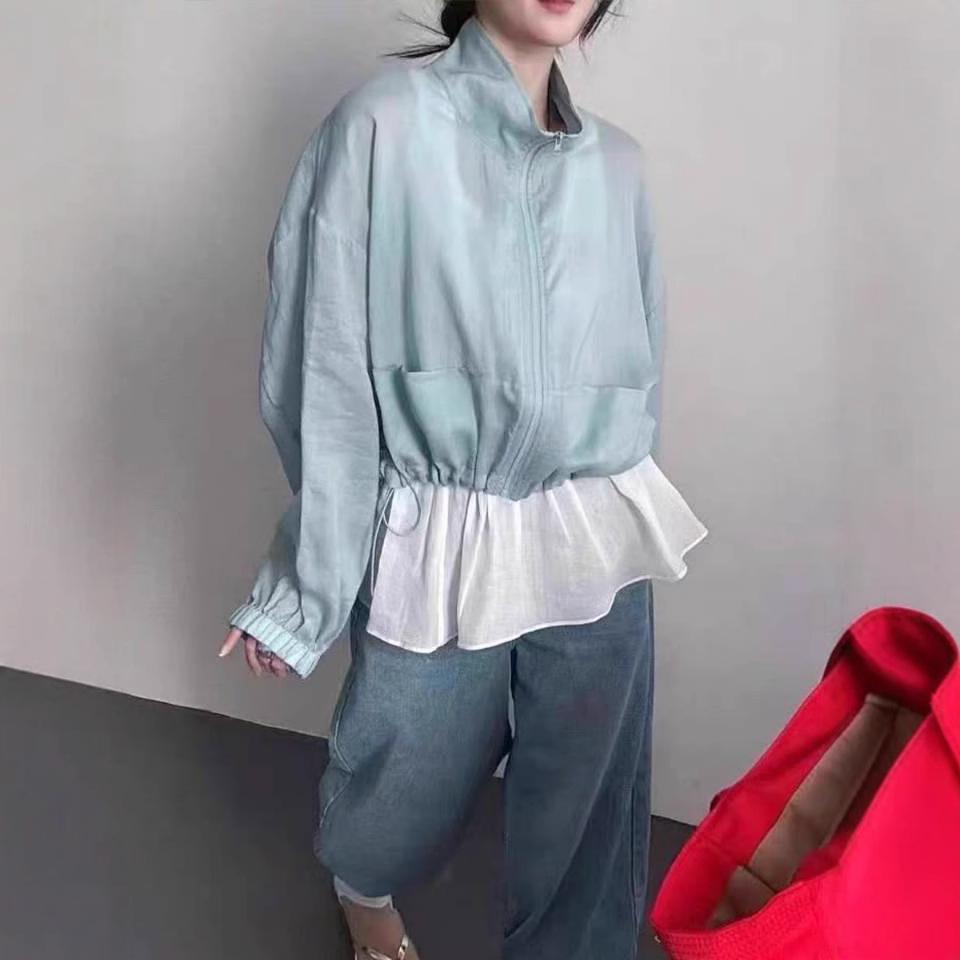 Korean-Style Stand-Up Collar Zip-Up Sun Protection Jacket for Women - 2025 Spring/Summer Cotton-Linen Collection, Slimming and Loose Fit