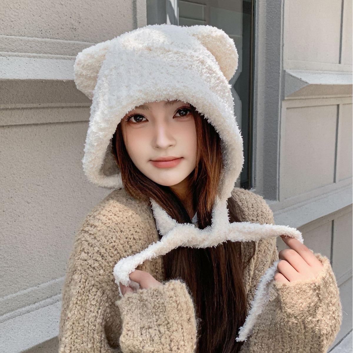 

Нова корейська версія Осінньо-зимова плюшева шапка з котячими вушками та ведмедиком Жіноча в язана шапка Шапка із захистом вух Тепла шапка Мила універсальна шапка one size