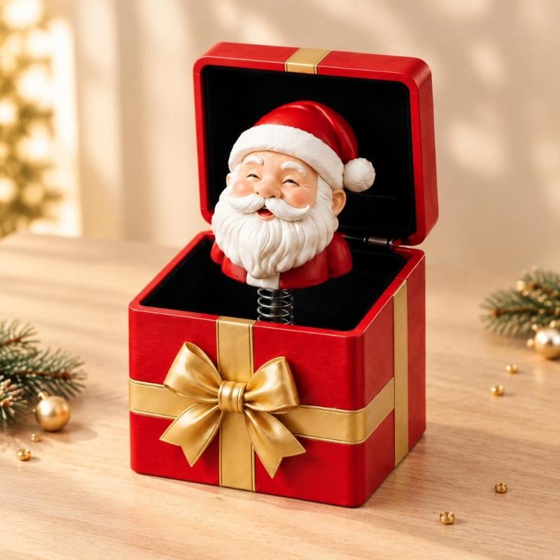 Hinged Christmas Gift Box Toy with a Spring-Mounted Figure That Rises As the Lid Opens for Holiday Gift Giving