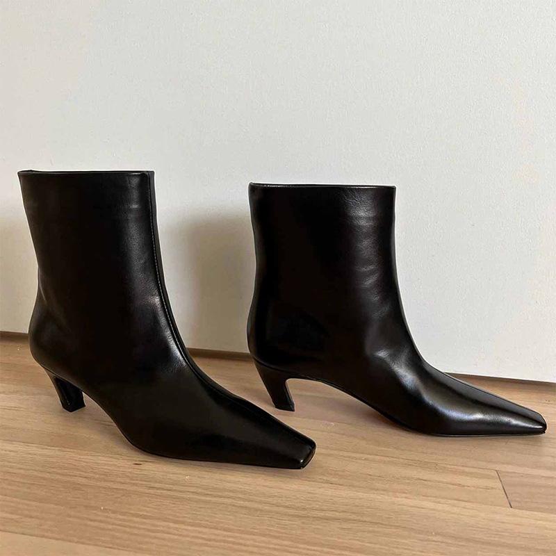 Leather Niche French Thin Boots Small Square Head Thin Heel Small Naked Boots Women's 2025 Autumn and Winter Versatile Cat and Short Boots Women's 