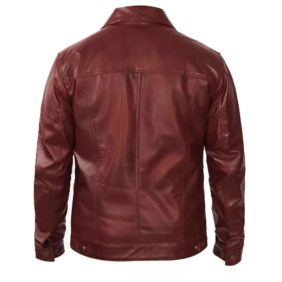 Maroon Stylish Men Real Lambskin Soft Leather Shirt Handmade Biker Casual Party