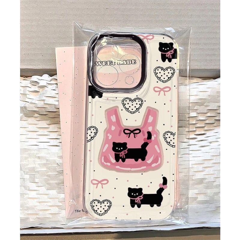 

Black Cat Polka Dot Heart Pink Bag for Apple 17/17ProMax/14/15/16/XS - Transparent and Cute Apple 15 Pro Max