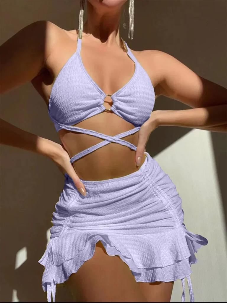 Sexy Yellow Bikini Women Solid Halter Ring Linked Criss Cross Cover Up 2 Piece Swimsuit Bathing Suit Ruffles Skirt Swimwear
