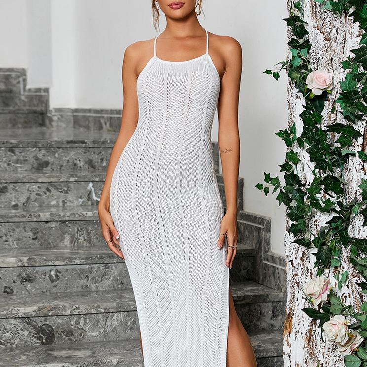 Summer new knitted blouse suspender dress, European and American sexy split backless strap sweater long dress