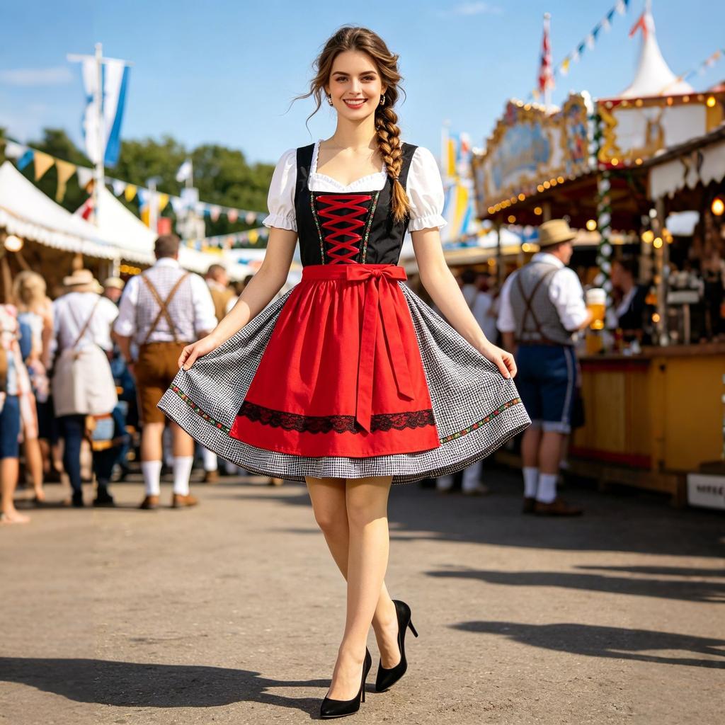 Traditional Oktoberfest Dress for Women Bavarian Beer Festival Costume with Apron Lace-Up Bodice and Puff Sleeves