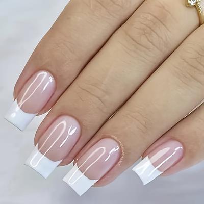 24 Stück mittelgroße, quadratische Aufdrücknägel, künstliche Nägel mit French-Tip, vollflächige Abdeckung, glänzende künstliche Nägel für Frauen und Mädchen