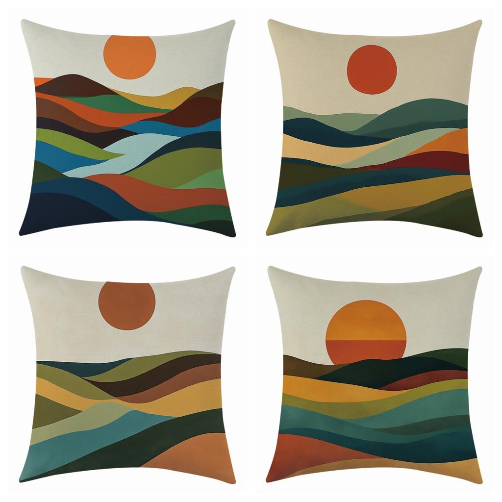 New Oil Painting Sunrise Impression Linen Pillowcase, Simple Four-piece Set with Label
