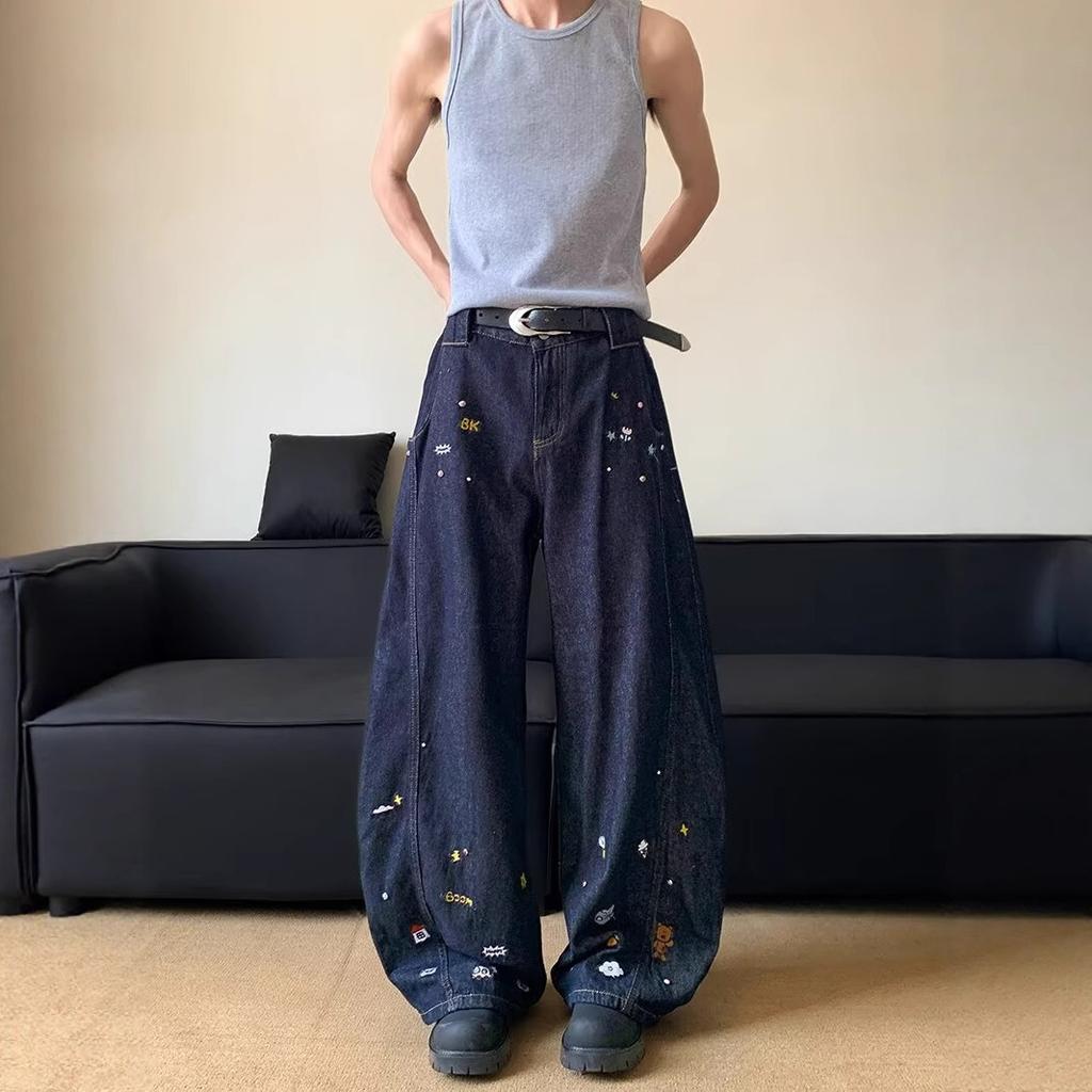 JYL Unisex Bootcut Jeans Vintage Cartoon Embroidery Loose Wide-Leg Denim Pants