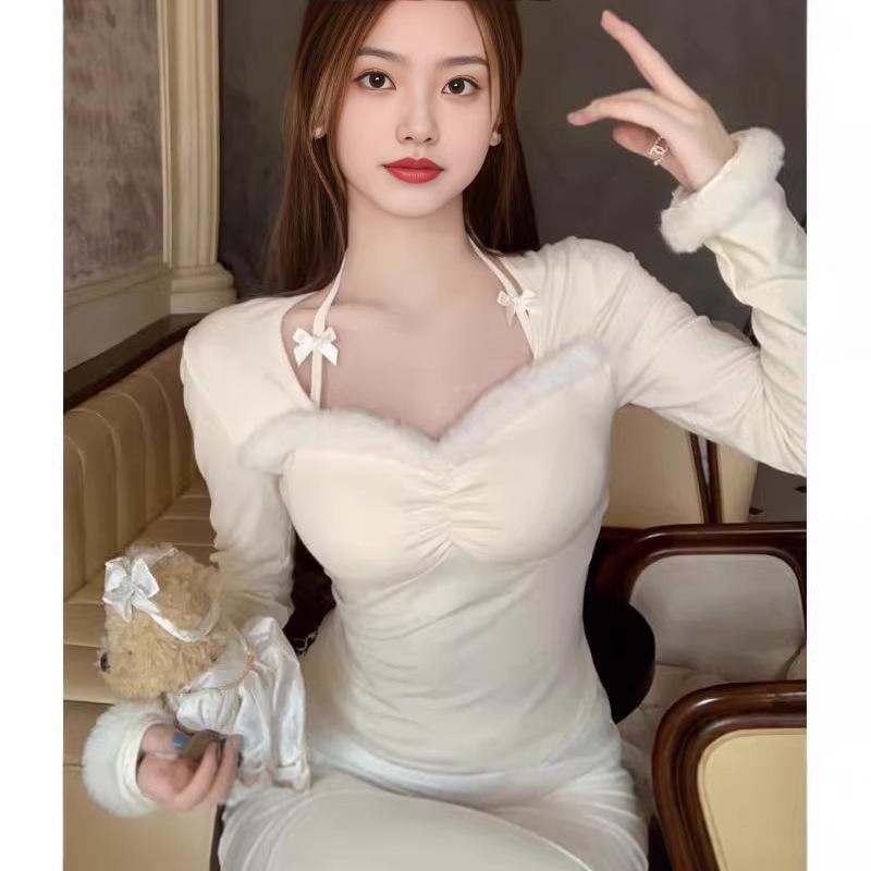 Trendy Spicy Girl Furry Halter Square Neck Long-Sleeve Base Layer Top