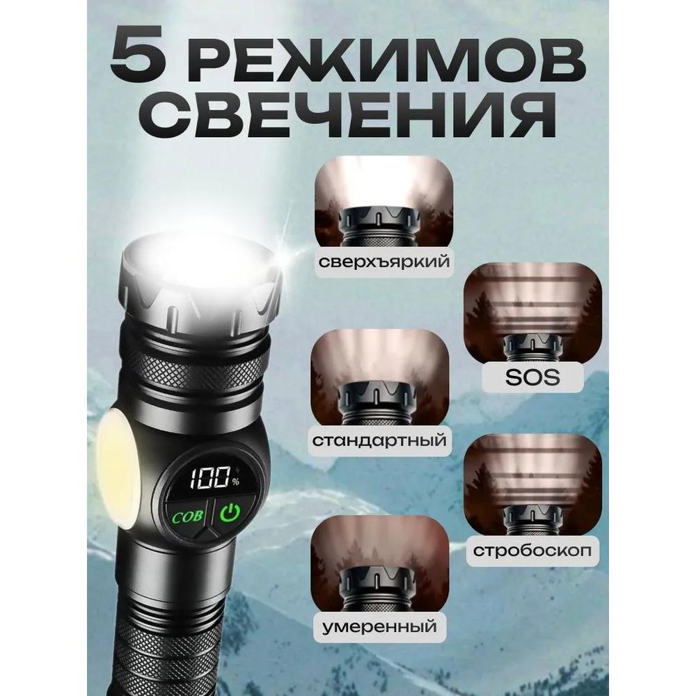 Portable rechargeable zoom flashlight with display screen, LED flashlight with emergency side light 5 lighting modes