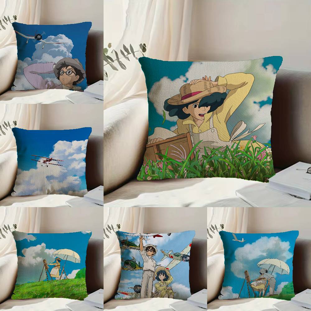 Cartoon W-Wind R-Rises Pillow Case Anti-dustmite Pillowcase Invisible zipper silky short plush Sofa cushion cover