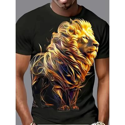 Tricou pentru bărbați cu animal print 3D leu, topuri pentru bărbați casual cu mânecă scurtă, tricou simplu de vară cu gât rotund