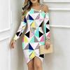Women Plus Size Asymmetric Cold Shoulder Long Sleeve Brown Gold Vintage Damask Print Irregular Wrap Bodycon Midi Dress