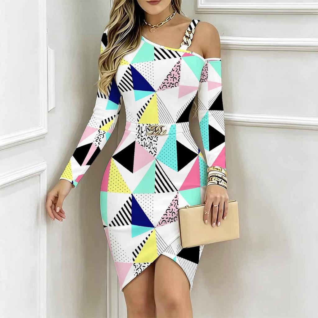 Women Plus Size Asymmetric Cold Shoulder Long Sleeve Brown Gold Vintage Damask Print Irregular Wrap Bodycon Midi Dress