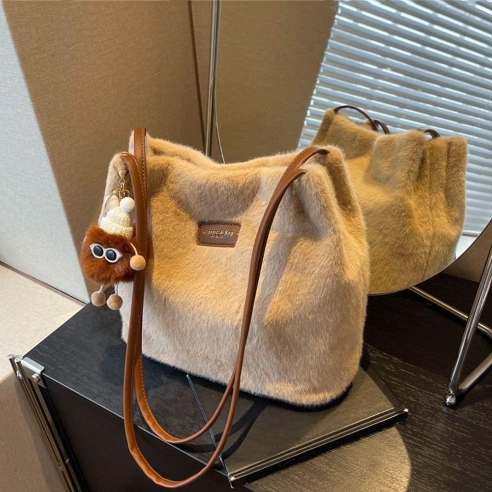 with Handle Furry Shoulder Bag Portable Women's Handbag Large Capacity Plush Tote All-Match