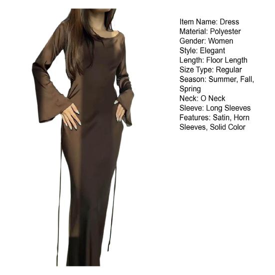 Spring Women Dress Solid Color Round Neck Long Horn Sleeve Satin Floor Length Tight Waist Soft Breathable Evening Dress Prom Party Maxi Dress