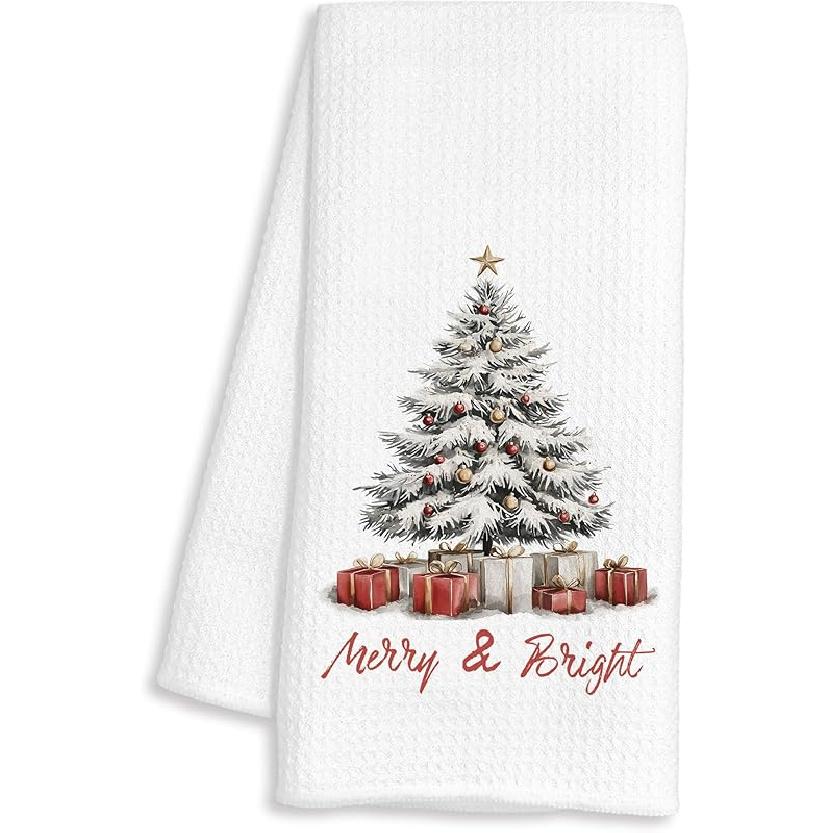 Chinoiserie Christmas Kitchen Towels, Grandmillennial Christmas Decor, Coquette Red Bow Xmas Tree Decorative Dish Hand Tea Towels for Bathroom