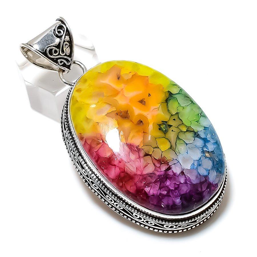 Rainbow Solar Quartz Gemstone Handmade 925 Sterling Silver Pendant 2.48" J0c72
