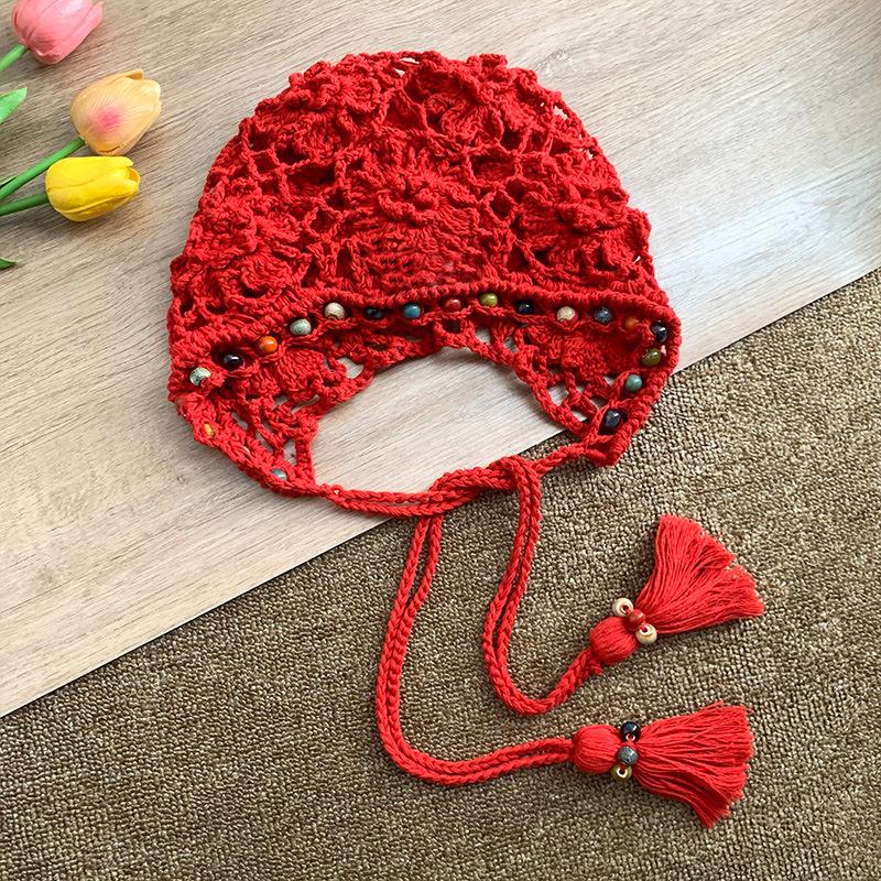 Women's Spring and Summer Retro Ethnic Style Hat Bohemian Flowers Tassel Bag Head Hat Hand Woven Hollow Bag Head Hat