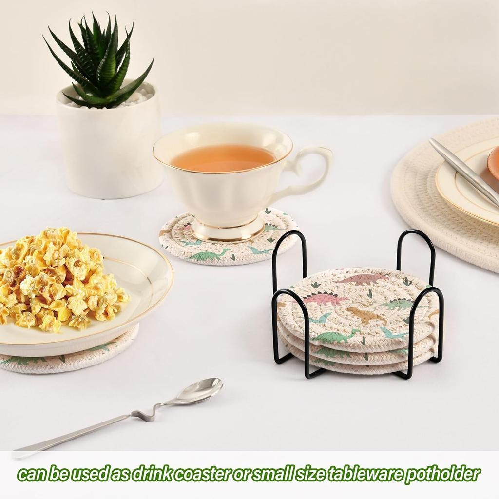 Dinosaur Cotton Cup Coasters with Holder Absorbent Drink Coasters Set for CoffeeTabletop Protection Housewarming Gift Home Decor 6 Pcs