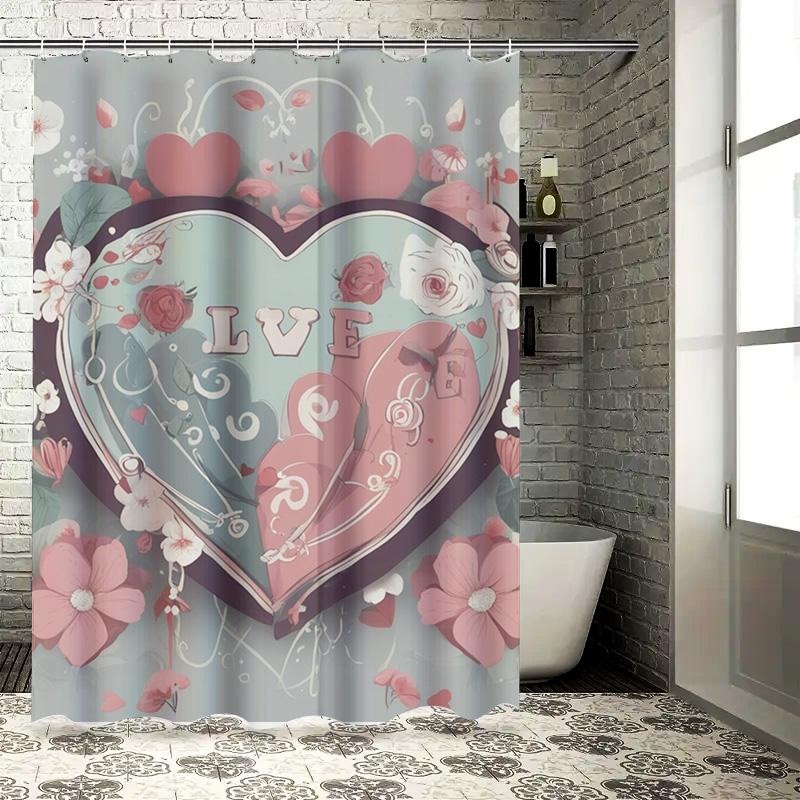 

Romantic Love Heart And Floral Print Shower Curtain For Bathroom Decor W60H190(CM)-1 Pcs