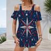 Plus Size Women Cold Shoulder Flutter Sleeve T Shirt American Theme Multi Pointed Star Glitter Print Short Sleeve Top