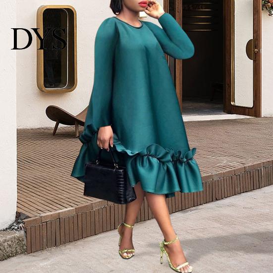 Faltenrock-Kleid Übergröße A-Linie Rüsche Knielang Einfarbige Midi-Länge Damen Ärmel O-Ausschnitt Breite Taille für Verabredungen Formelle Bankette Partys Frühling