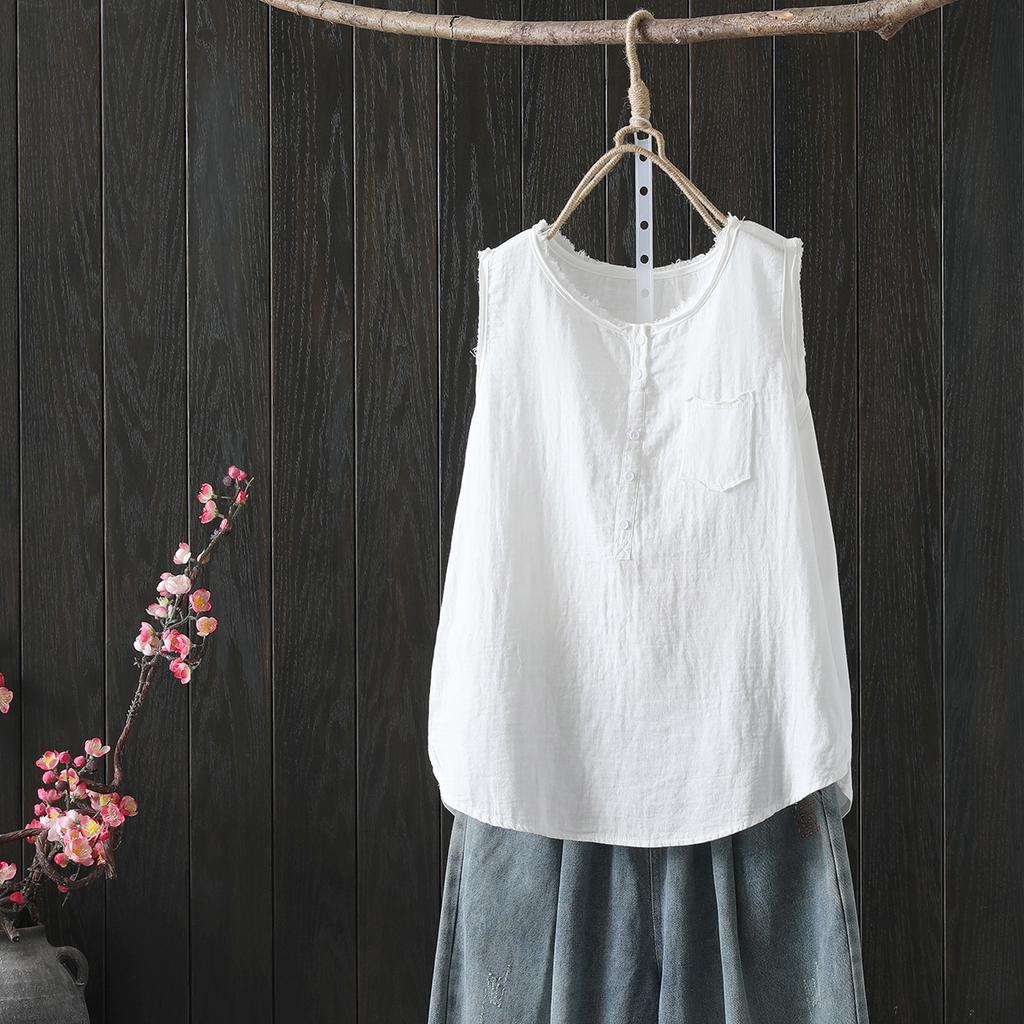 Women's Cotton Tank Tops Japan Fashion Summer Sleeveless Loose T-Shirts Tops Mori Girl Casual Button Down Shirts