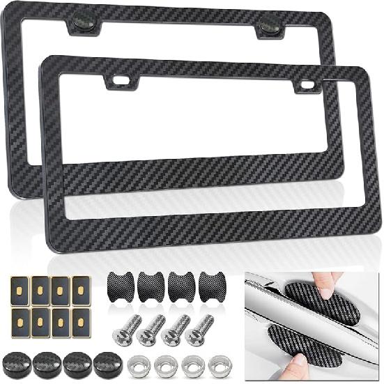 Carbon Fiber License Plate Frames- Black Plastic Car Tag Holder, 2 Pack 2 Hole Front Rear Bracket With Screw Caps And Car Door Handle Stickers