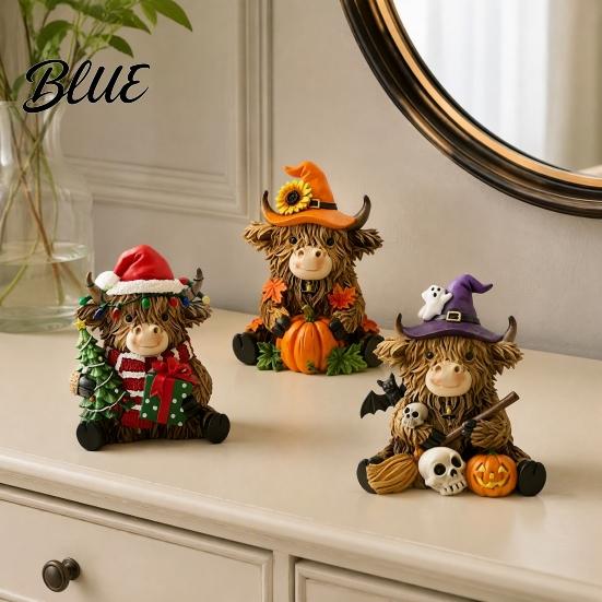 Artistic Home Decorations 3Pcs Highland Cow Figurine, Resin Yak Statues for Thanksgiving Christmas, Creative Desk Farmhouse Tabletop Ornaments