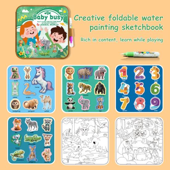 Çocuklar İçin Boyama Kitabı (Sulu Boya Kalemli) Yeniden Kullanılabilir Kirlenmeyen Su ile Boyama Kitabı Hayvan Araç Sebze Meyve Sayı Okul Öncesi Öğrenme Boyama Kitabı