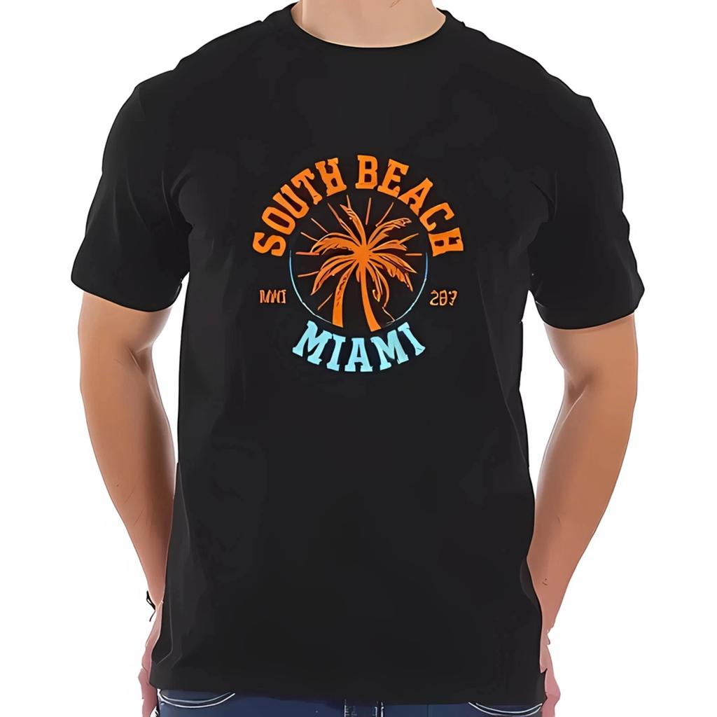 Men's Cotton Short Sleeve T shirt with Vibrant 'South Beach Miami'-All-cotton