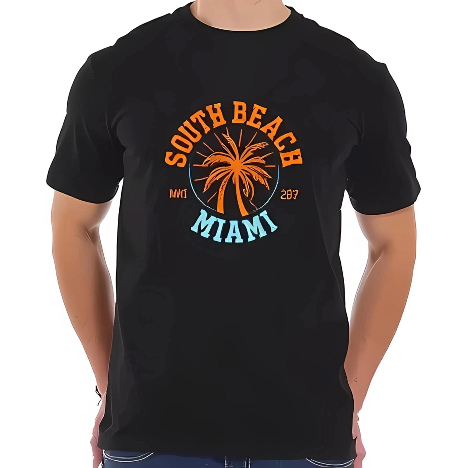 Men s Cotton Short Sleeve T shirt with Vibrant  South Beach Miami -All-cotton M