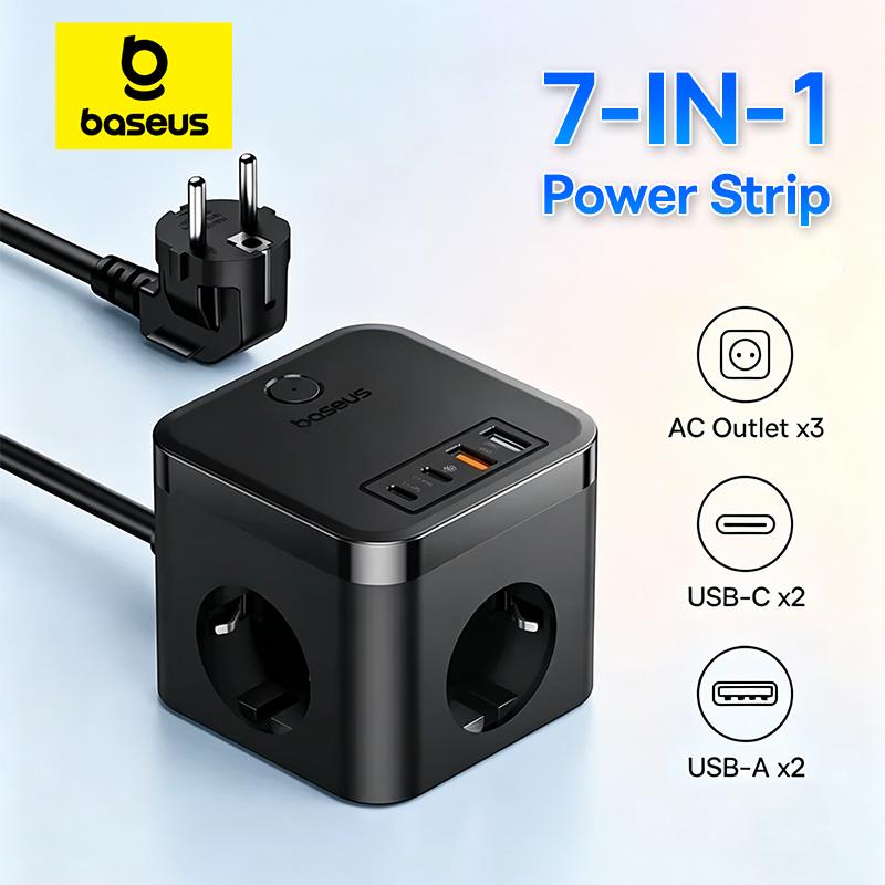 Baseus 7-in-1 EU Plug Power Strip 30W GaN Fast Charger Adapter with 3 AC Outlets 2 USB A 2 Type C PD Charging Electrical Socket
