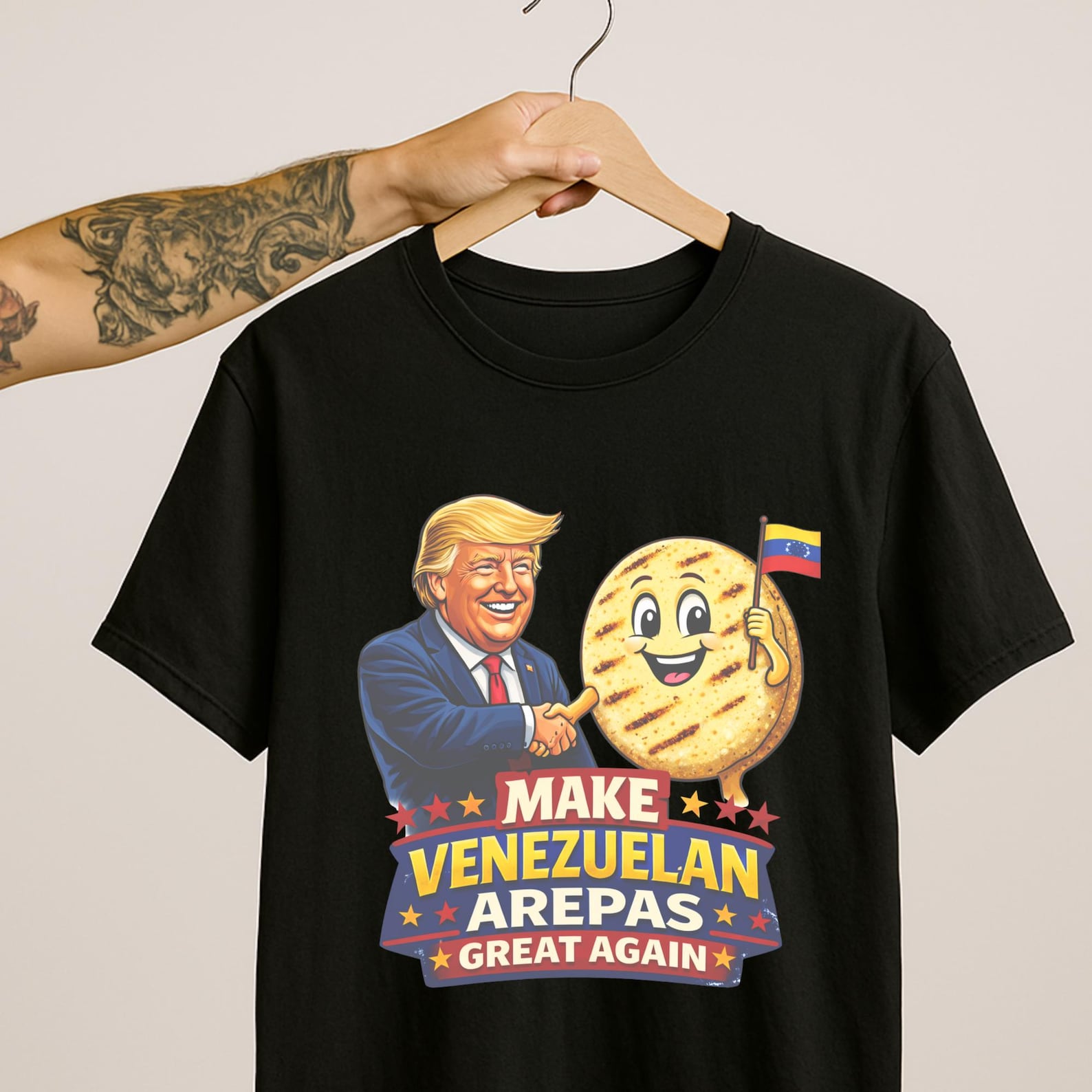 Funny Trump Arepa Shirt – Make Venezuelan Arepas Great Again – Political Parody Tee – Venezuelan Food Humor. S