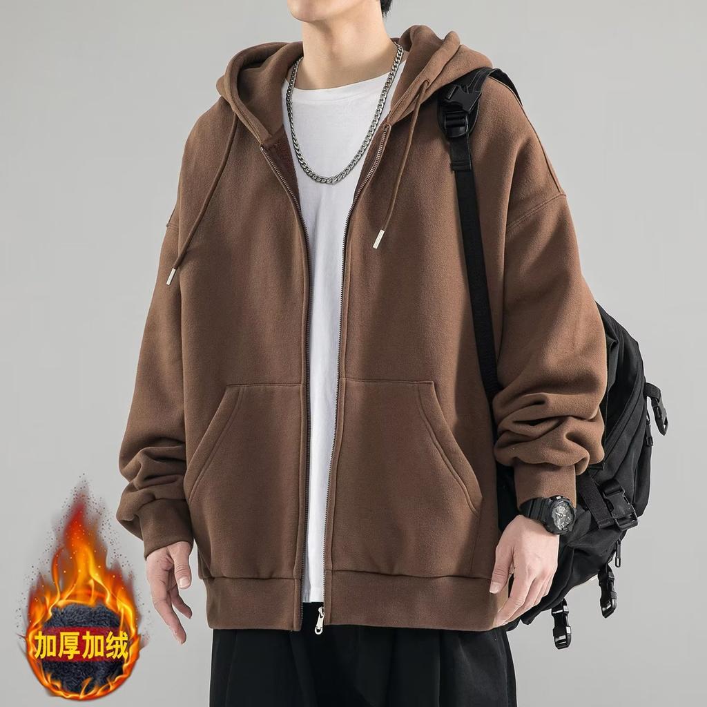 Factory Straight Hair 2025 Autumn and Winter Hooded Fleece Sweater Men's Loose Ins Trendy Brand Casual Solid Color Boys Coat