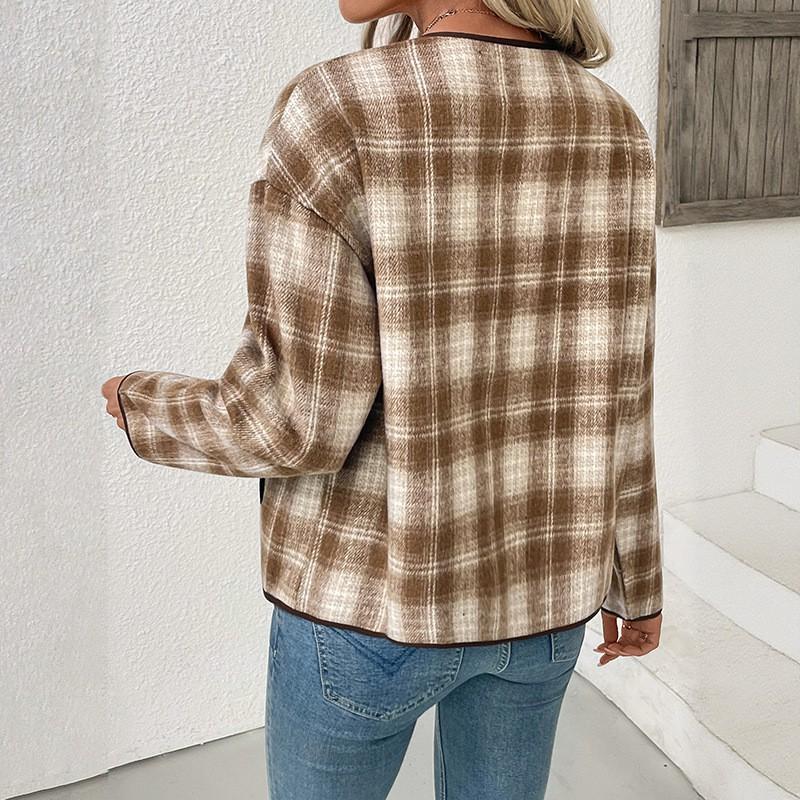 2026 Fall Winter Womens Plaid Coat Casual Cardigan Short Jacket Top