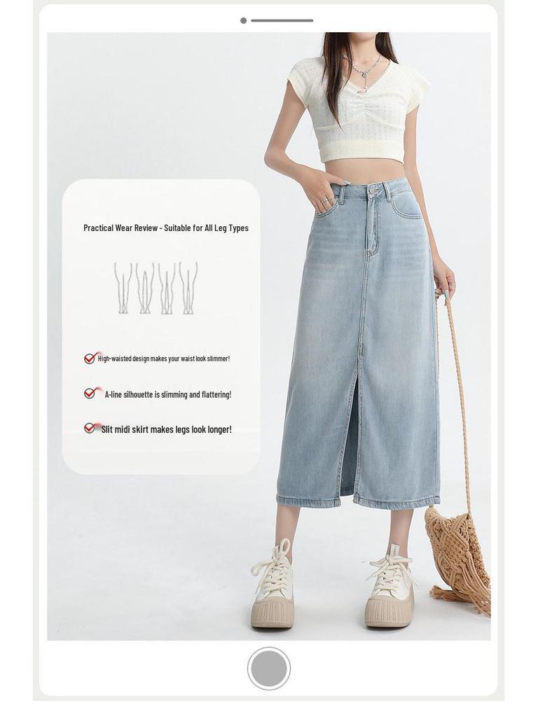 Women's High-Waist Blue Lyocell Denim Skirt, Summer 2026, Mid-Length A-Line with Front Slit