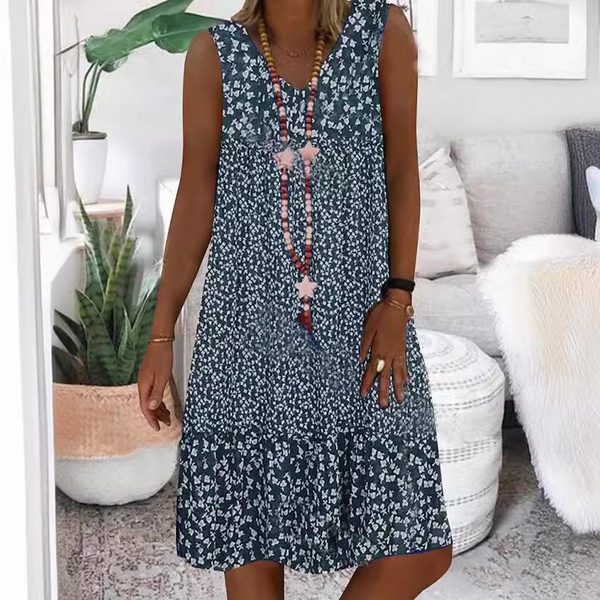 Summer new European and American women's clothing, hot-selling V-neck small floral printing sleeveless women's dress
