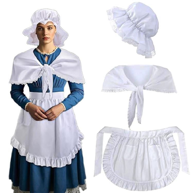 White Mobs Caps Ruffle Maid Waitress Apron Colonial Costume Set Pioneers Girls Costume Accessories for Maid Revolutionary