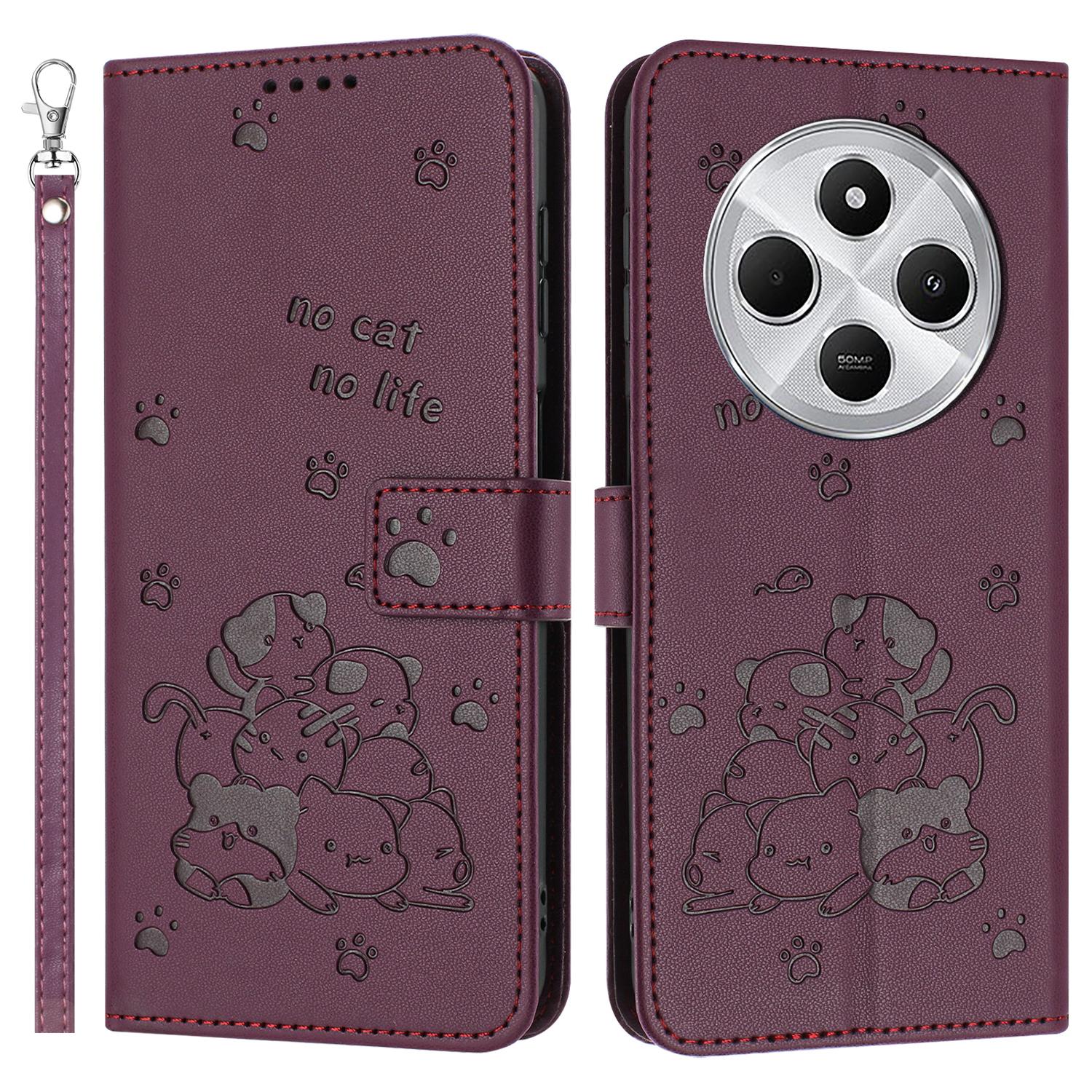 

Phone Case For Xiaomi Redmi 14C 4G/14R 5G/Poco C75 4G with Strap Cats Imprint Leather Wallet Phone Cover Wine Red
