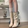 Yueyu Versatile British Martin Boots Women's Thick Heel Skinny Short Western Cowboy Boots White Pointed Pile Boots