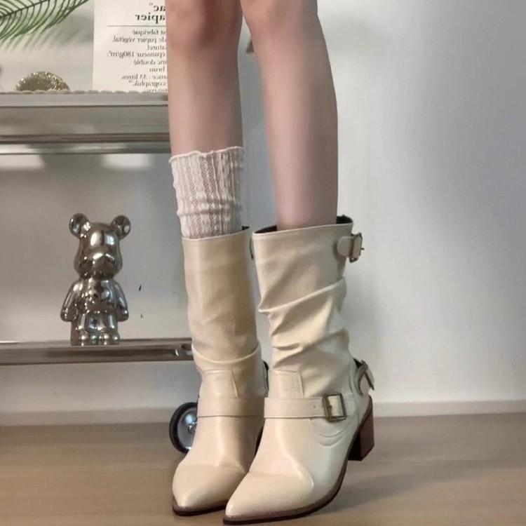 Yueyu Versatile British Martin Boots Women's Thick Heel Skinny Short Western Cowboy Boots White Pointed Pile Boots