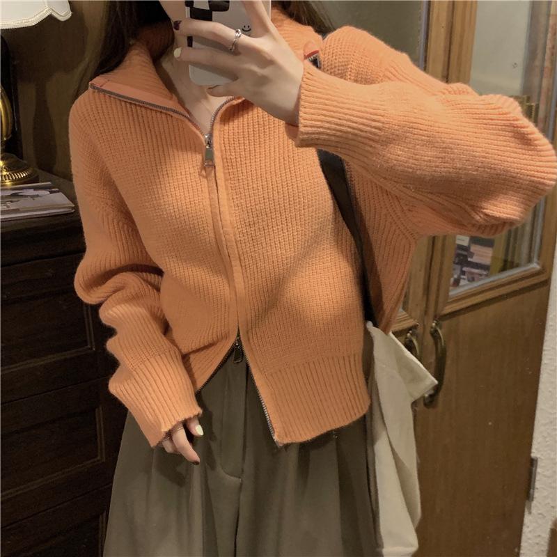 

Осень и зима новый свободный ленивый однотонный вязаный кардиган женский дизайнерский нишевый свитер на молнии с двумя бегунками One Size оранжевый